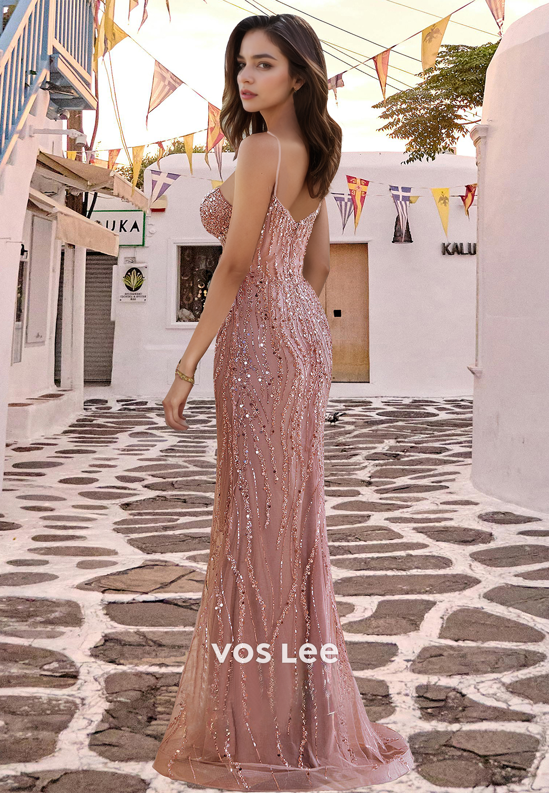 Sparkly Sheath V Neck Back Zipper Sweep Train Prom Evening Dress with Split