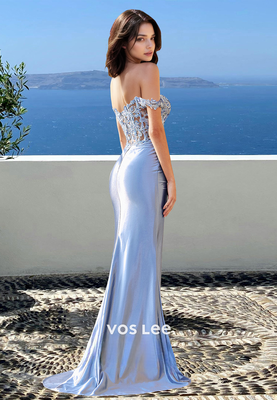 Graceful Sheath Off Shoulder Lace Appliques High Split Prom Formal Dress