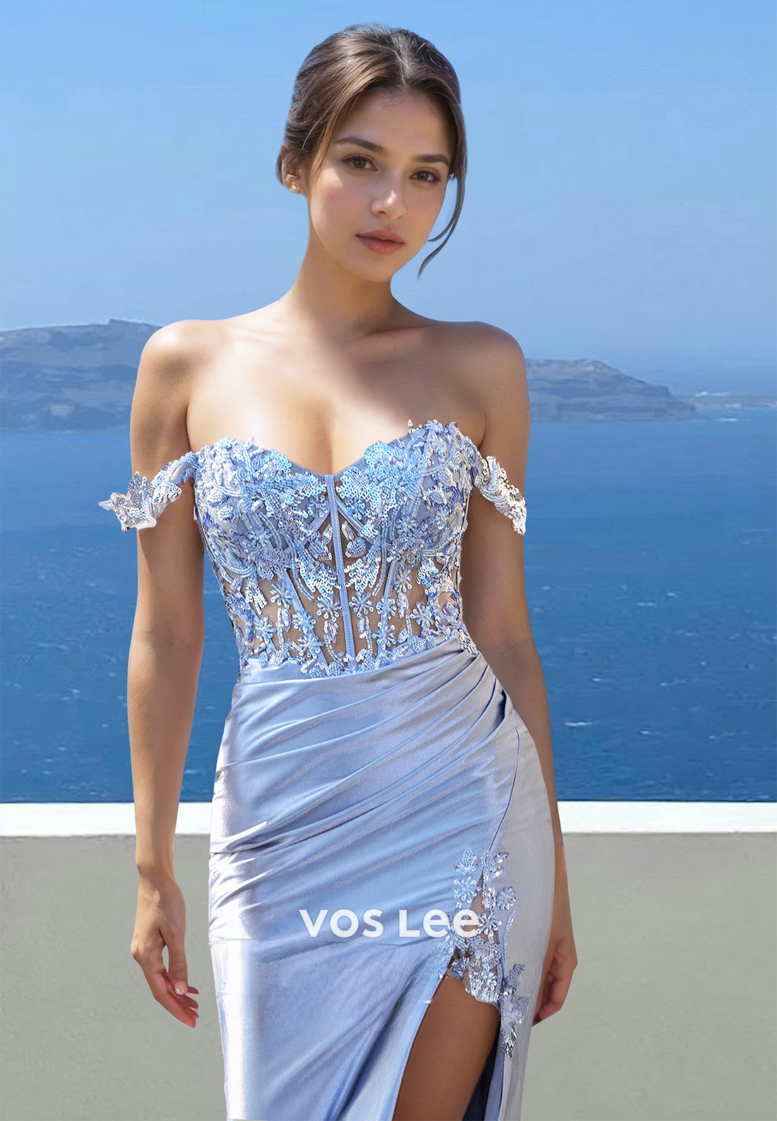 Graceful Sheath Off Shoulder Lace Appliques High Split Prom Formal Dress