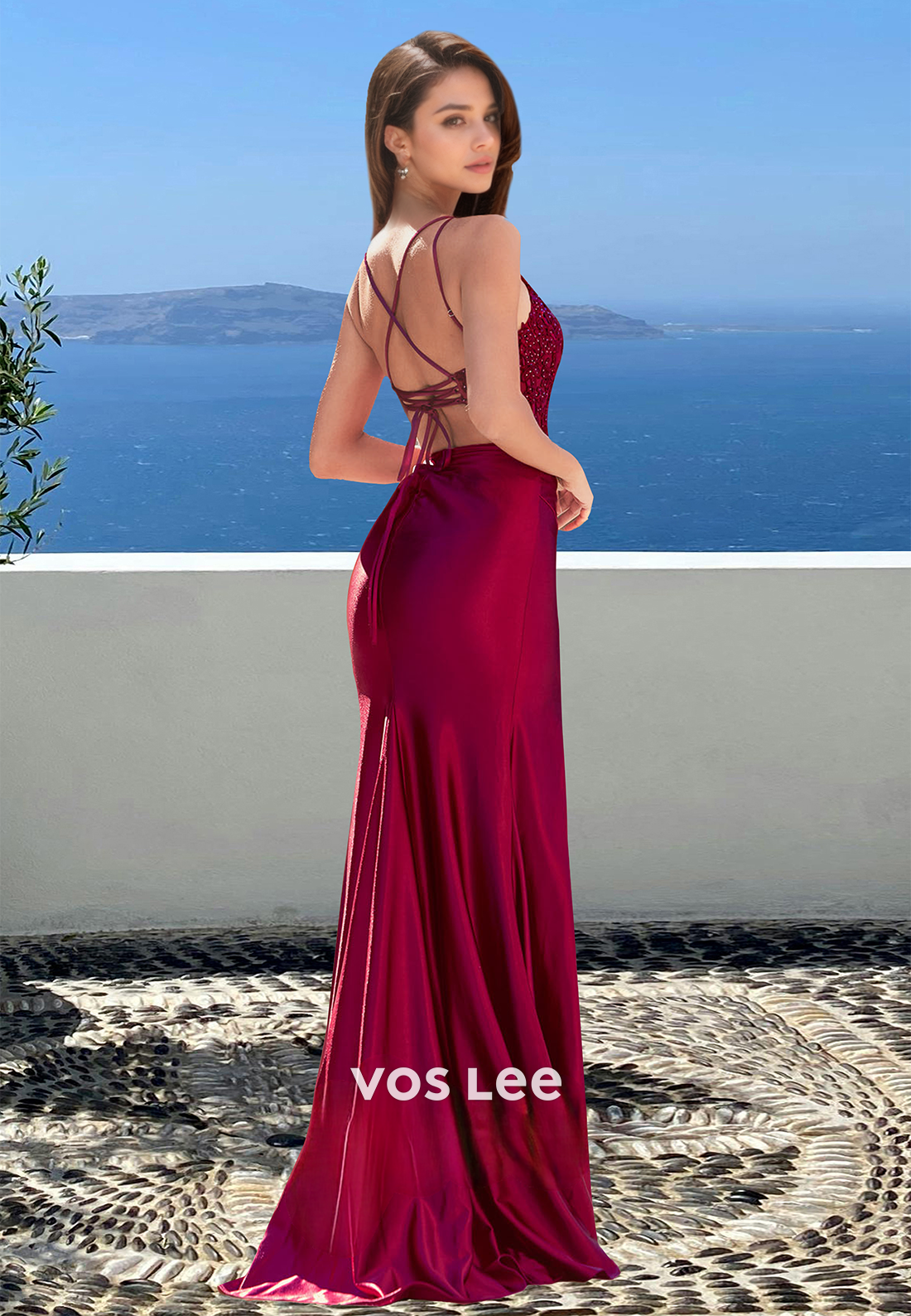 Sexy Column Scoop Neck Spaghetti Straps Lace Up Appliques Prom Pageant Dress