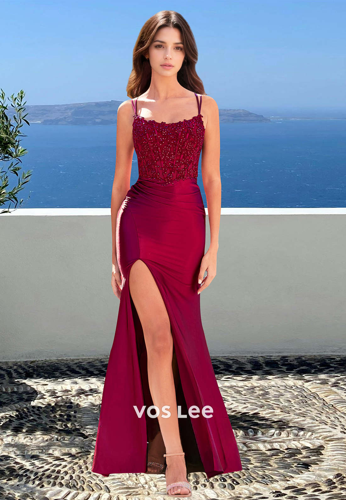 Sexy Column Scoop Neck Spaghetti Straps Lace Up Appliques Prom Pageant Dress
