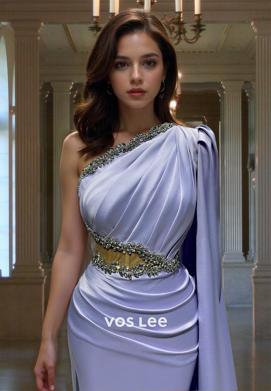 Lavender Column One Shoulder Sweep Train Beaded Prom Formal Dress with Split