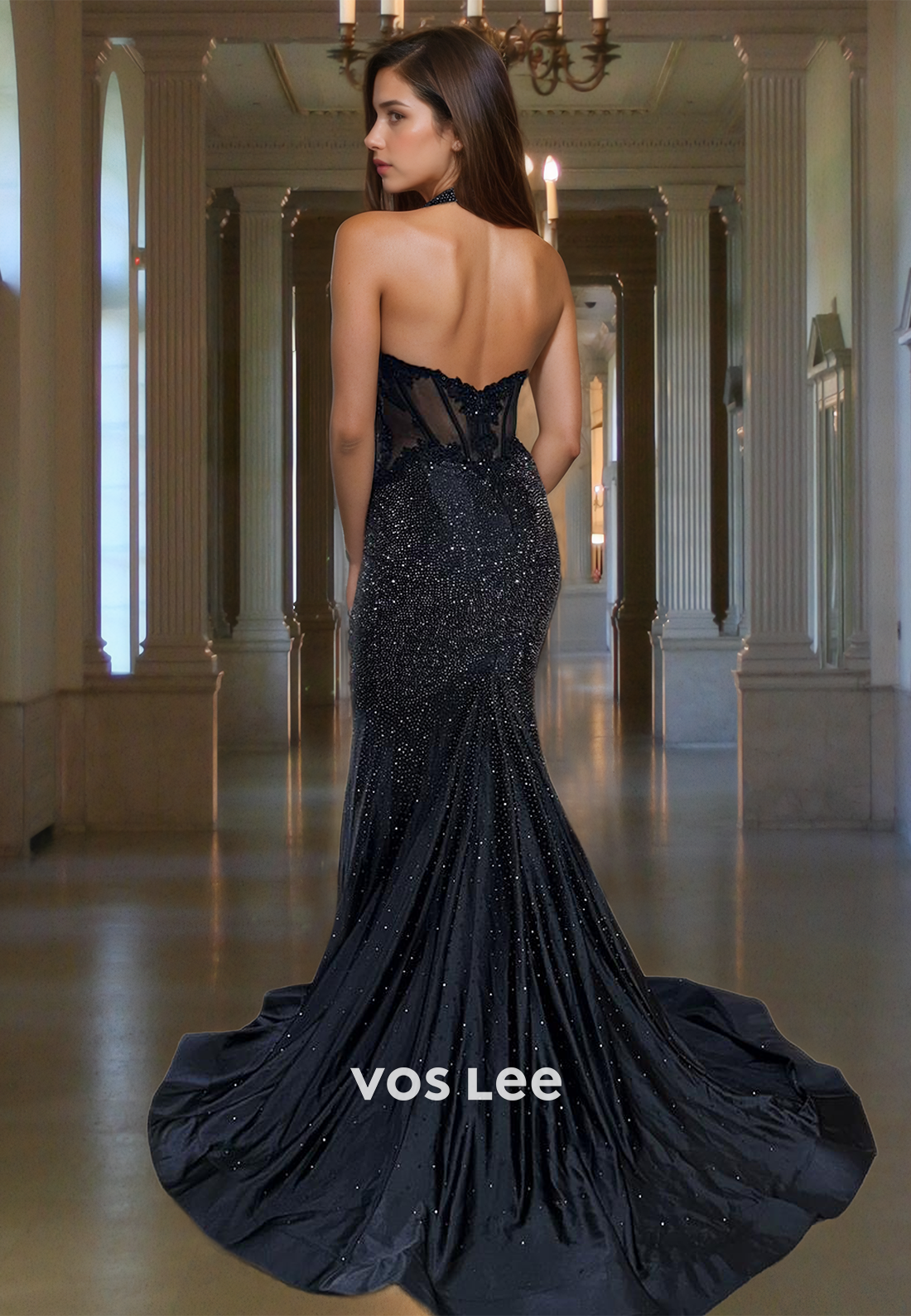 Sexy Mermaid Halter Backless Sweep Train Sequins Ruched Prom Party Dress