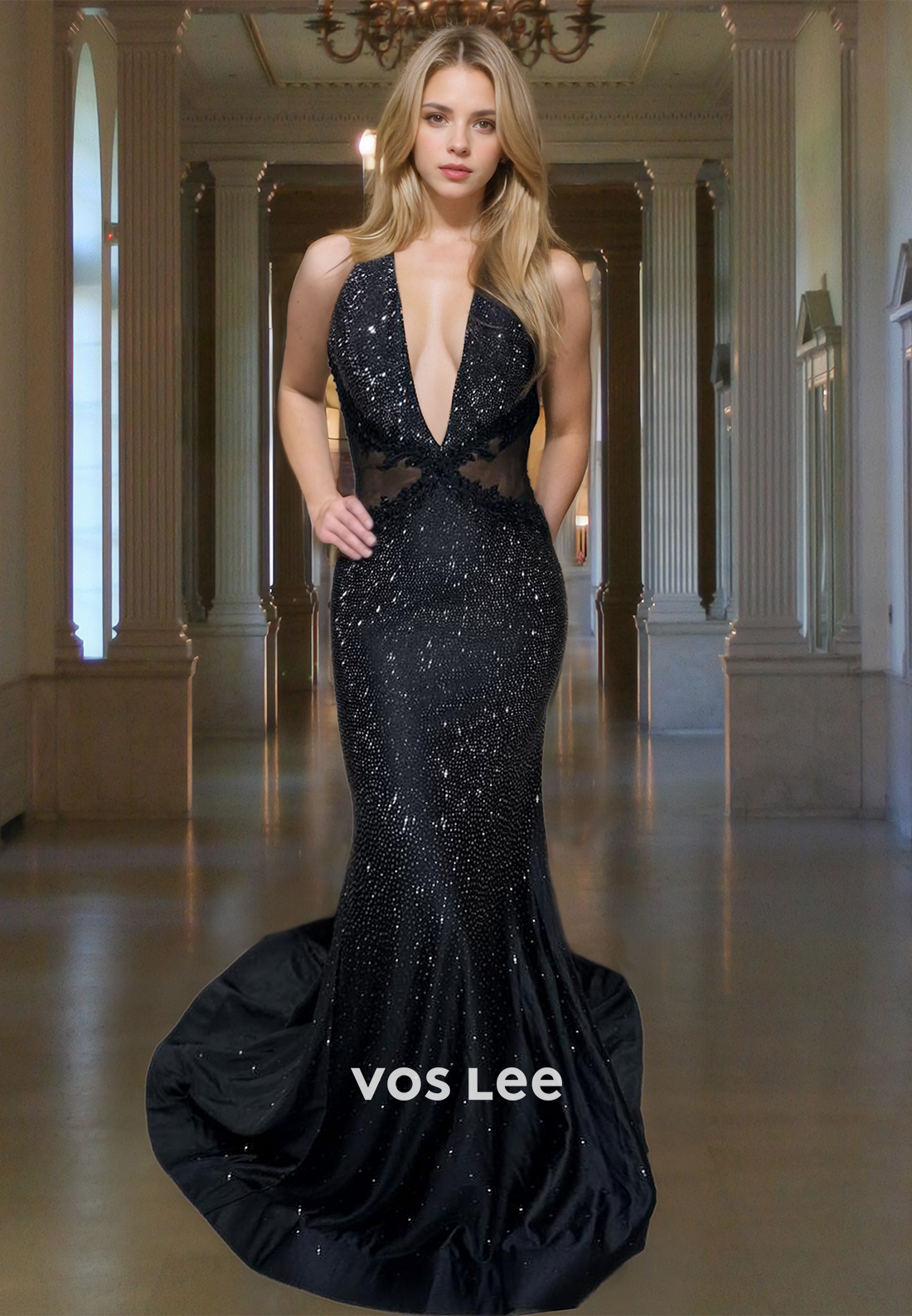 Sexy Mermaid Halter Backless Sweep Train Sequins Ruched Prom Party Dress