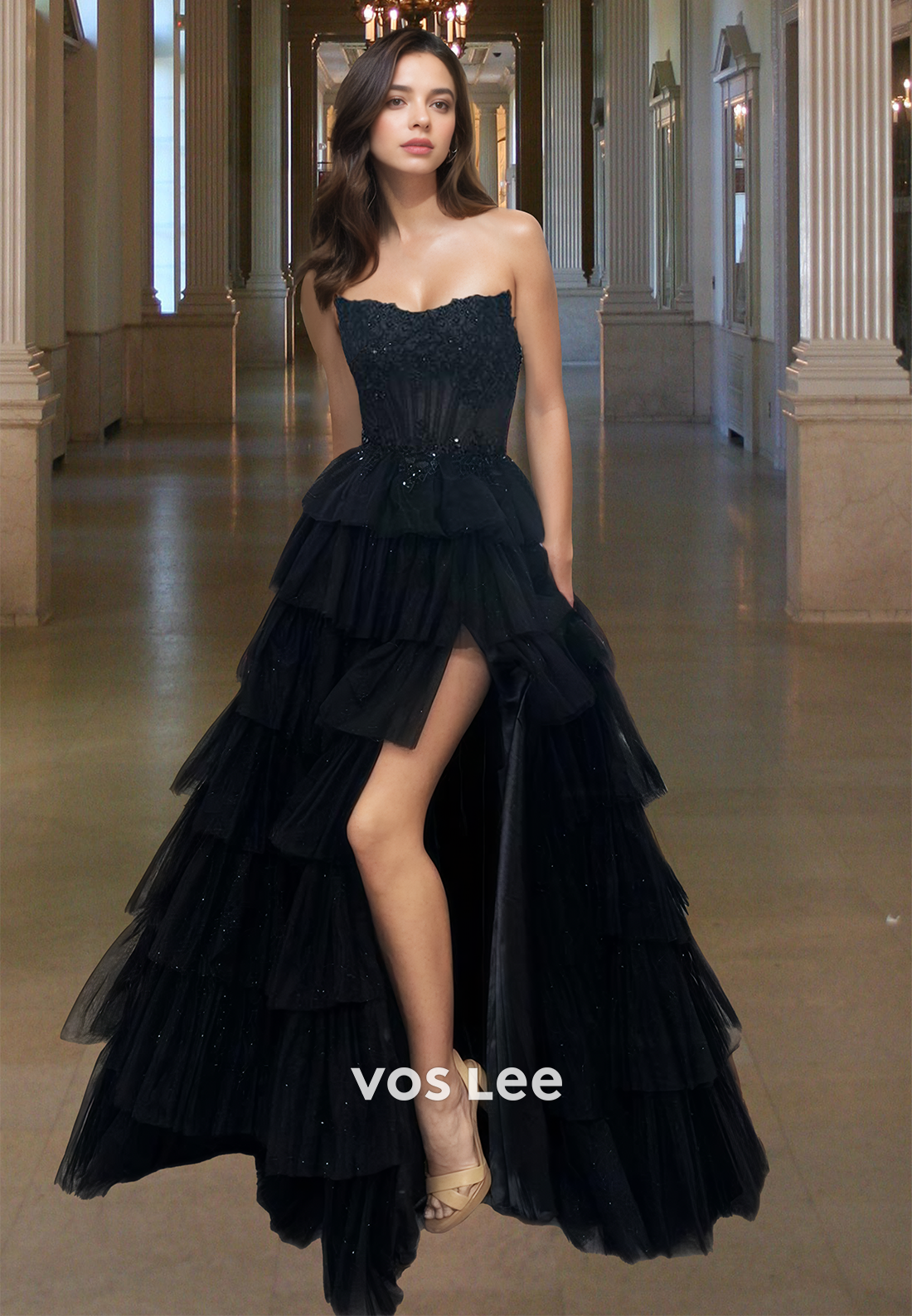 Gorgeous A-Line Strapless Lace Up Appliques Tiered Tulle Prom Party Dress
