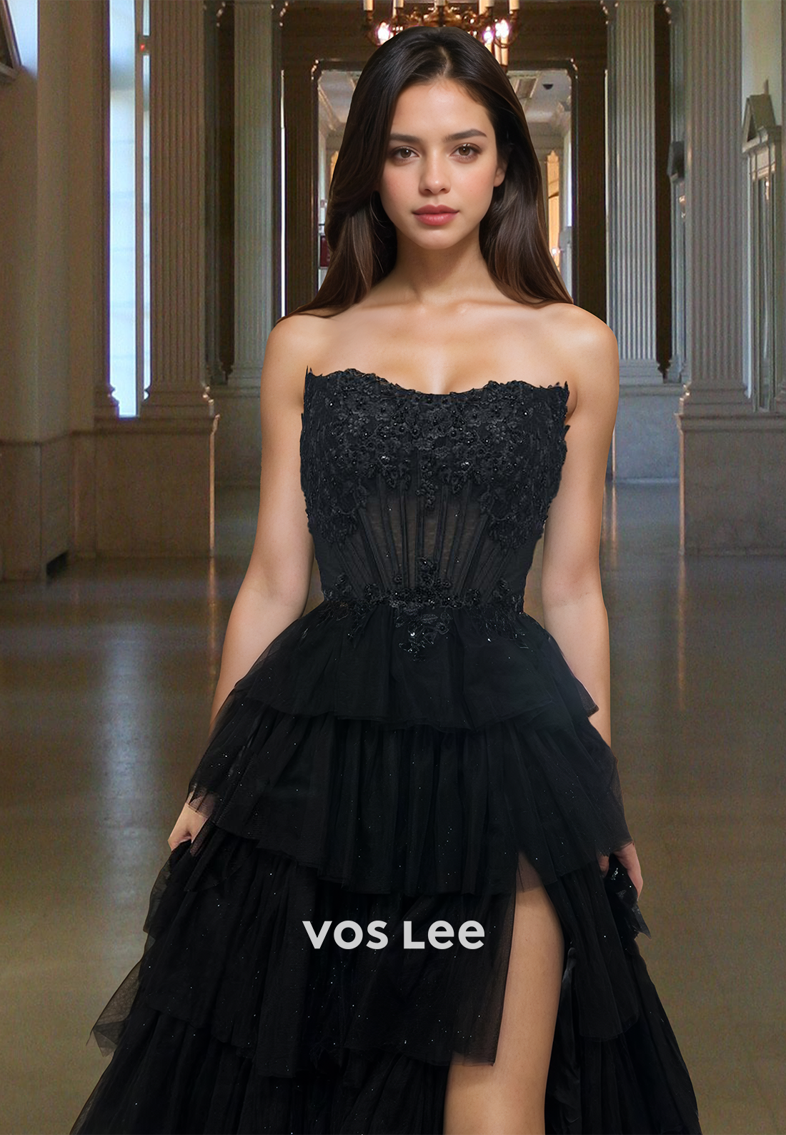 Gorgeous A-Line Strapless Lace Up Appliques Tiered Tulle Prom Party Dress