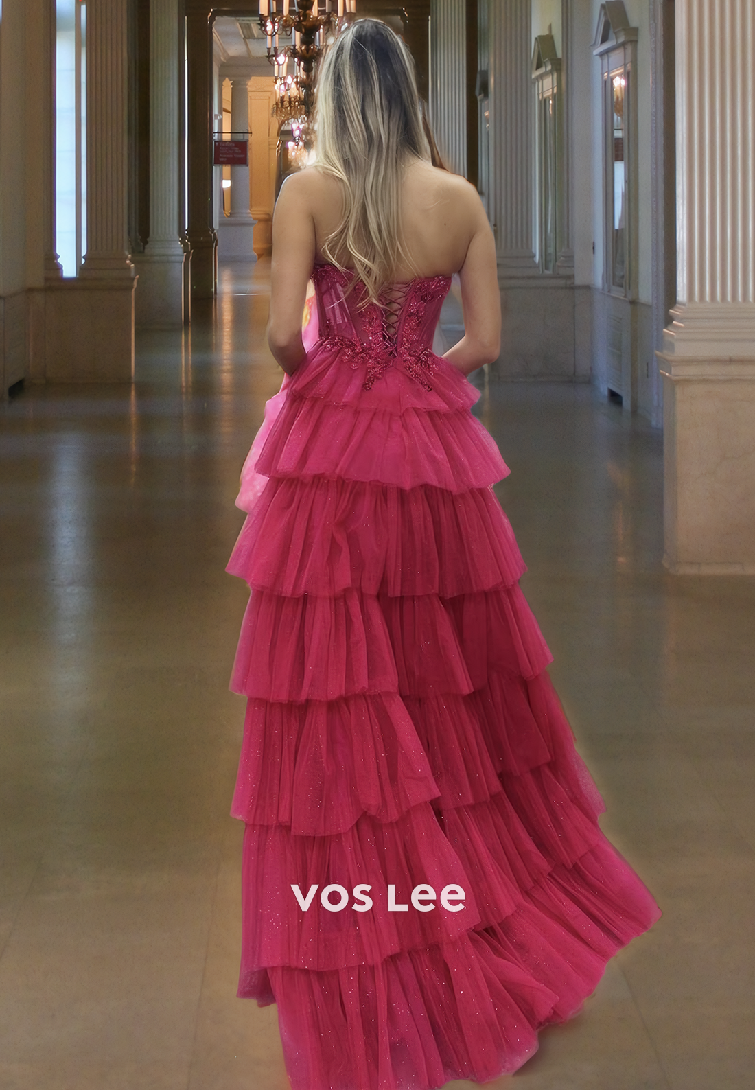 Gorgeous A-Line Strapless Lace Up Appliques Tiered Tulle Prom Party Dress