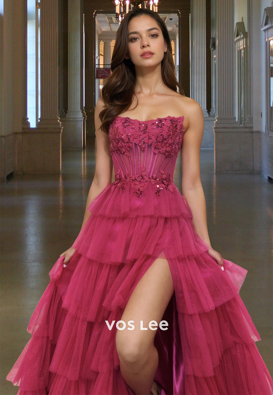 Gorgeous A-Line Strapless Lace Up Appliques Tiered Tulle Prom Party Dress