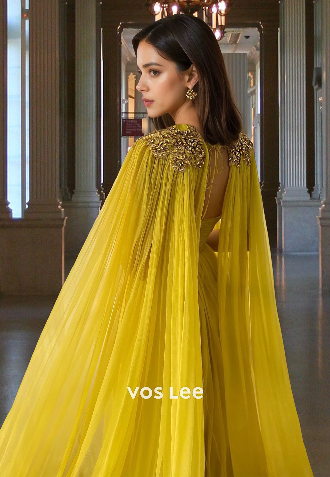 Unique A-Line Strapless Long Sleeves Pleated Tulle Prom Formal Dress with Split