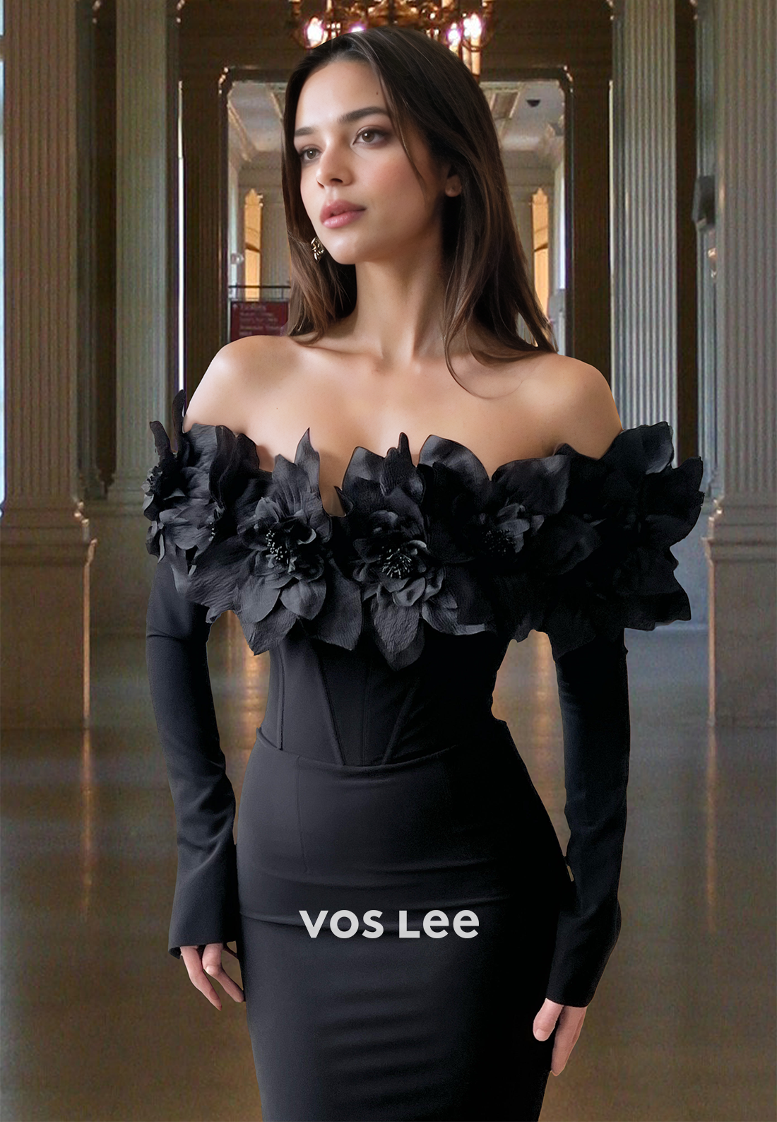 Sexy Mermaid Off Shoulder Long Sleeves 3D Floral Satin Prom Evening Dress