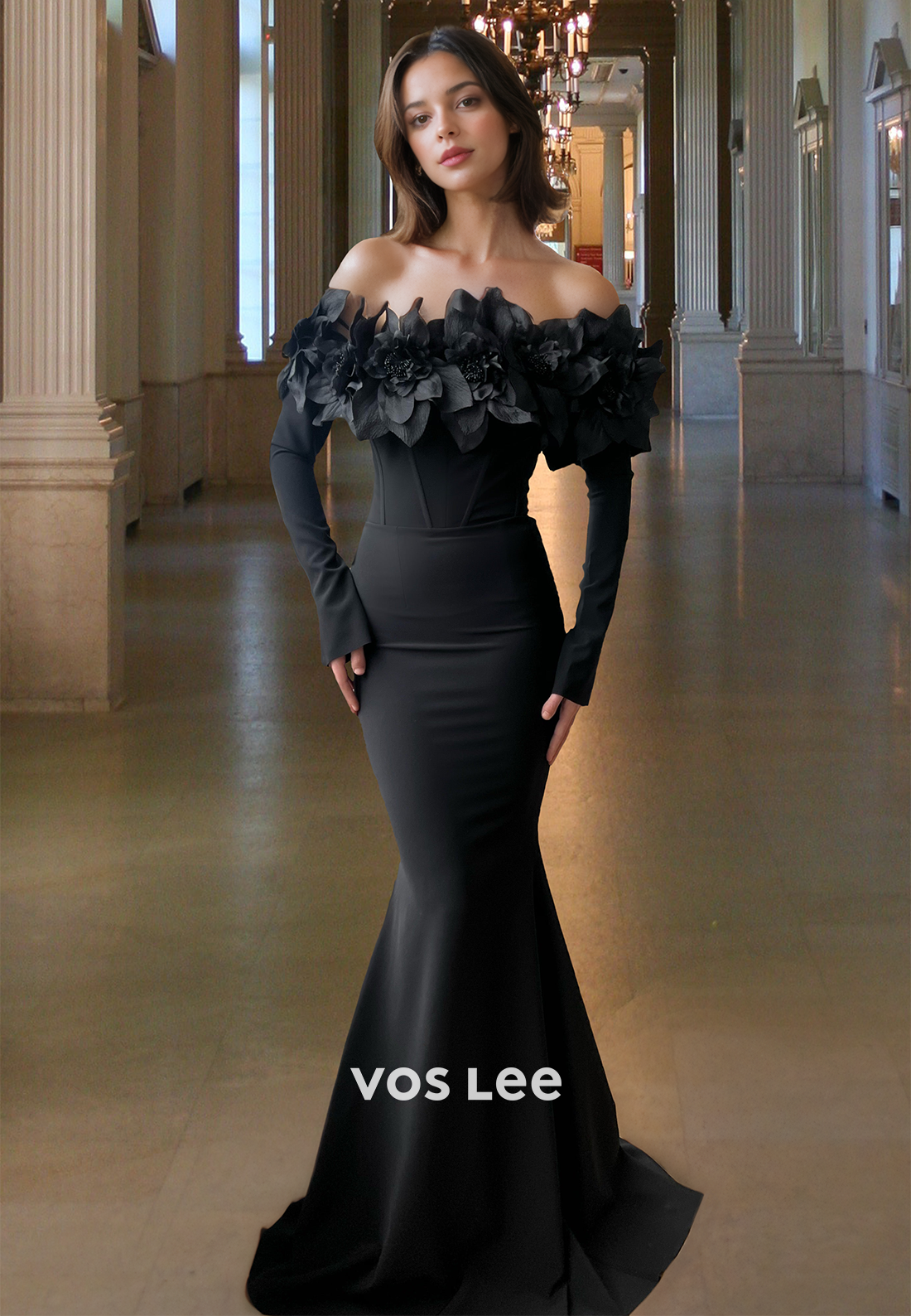 Sexy Mermaid Off Shoulder Long Sleeves 3D Floral Satin Prom Evening Dress