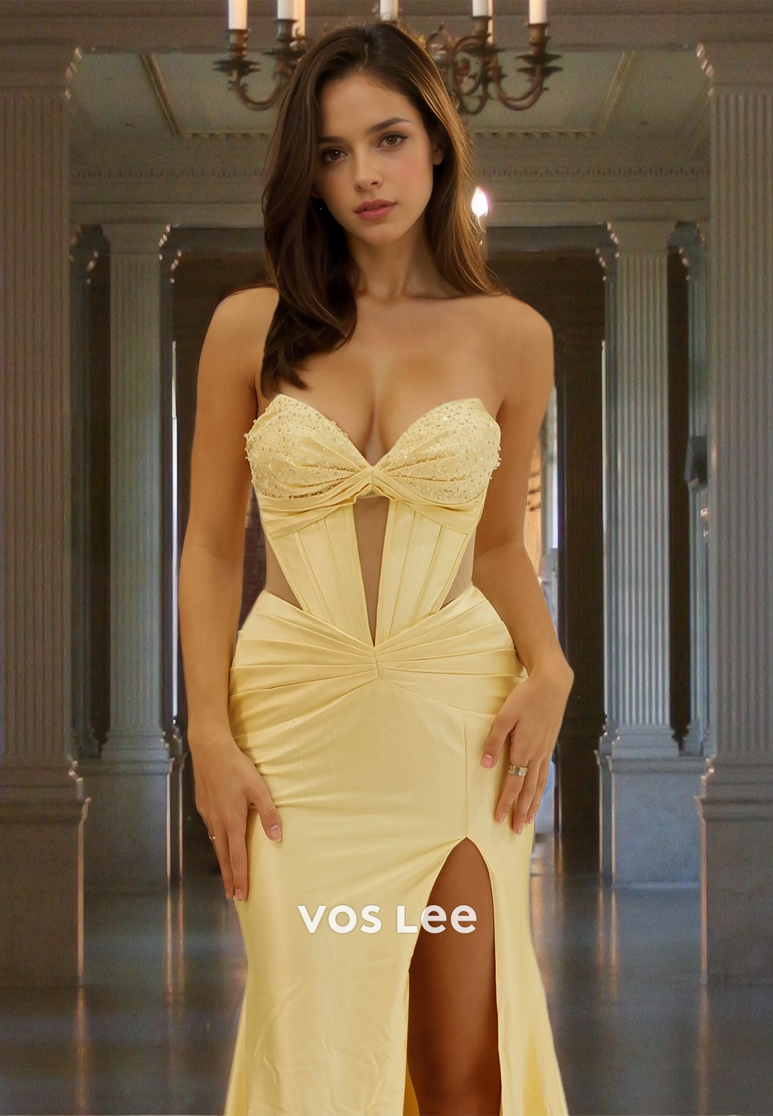Elegant Column Sweetheart Lace Up Side Split Sweep Train Prom Party Dress