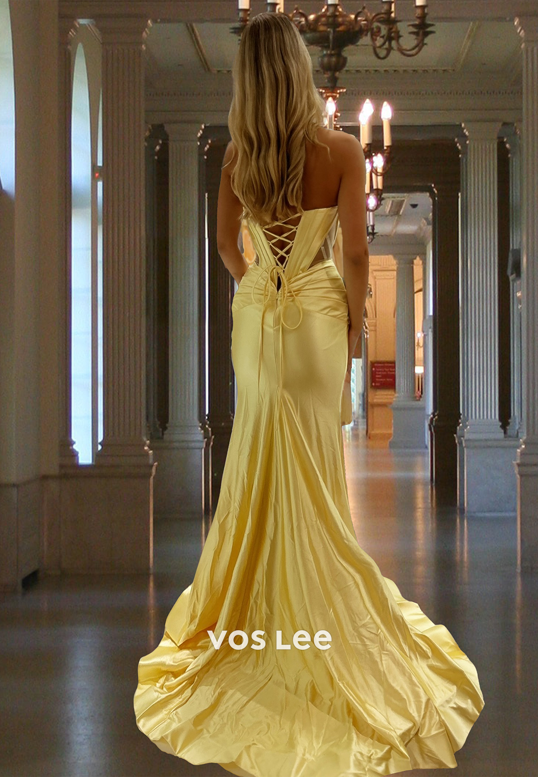Elegant Column Sweetheart Lace Up Side Split Sweep Train Prom Party Dress