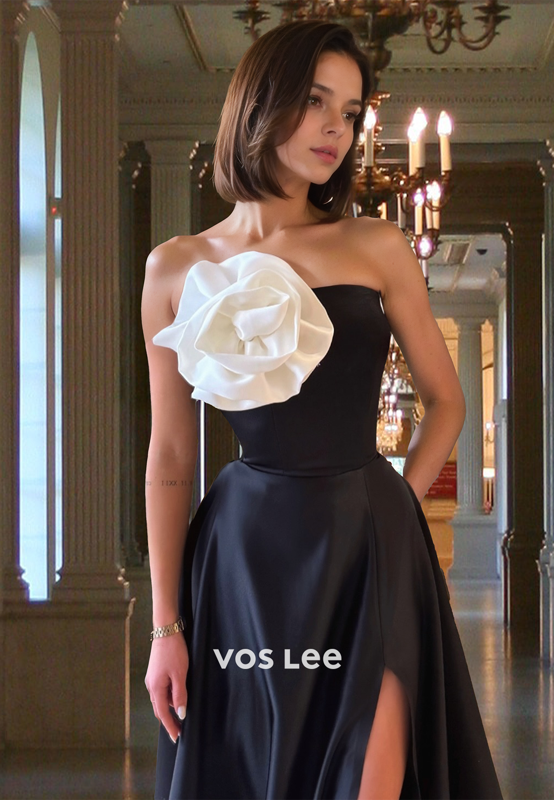 Unique A-Line Strapless Sweep Train 3D Flower Draped Prom Evening Dress with Split