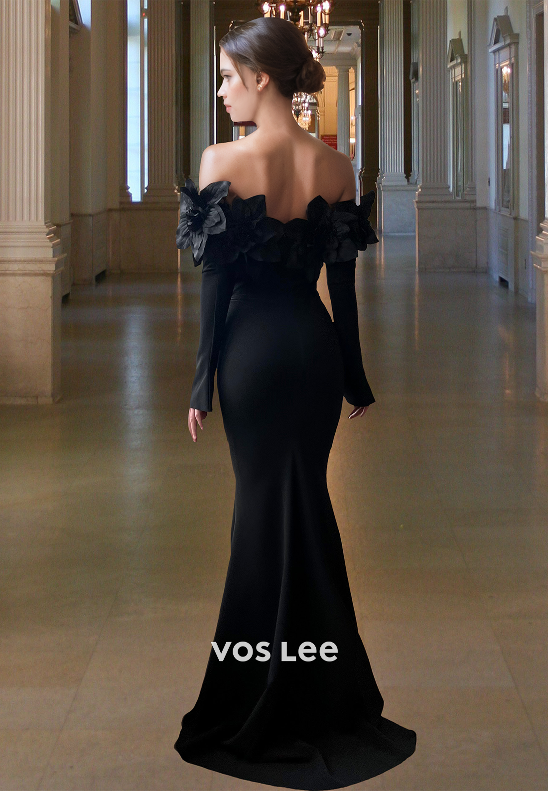 Sexy Mermaid Off Shoulder Long Sleeves 3D Floral Satin Prom Evening Dress