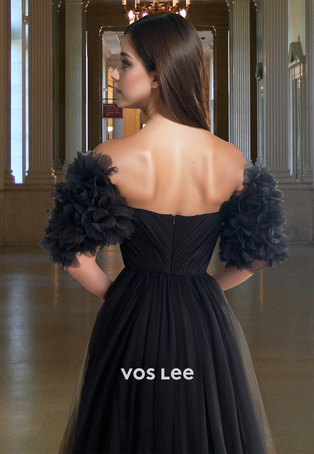Vintage A-Line Off Shoulder Puff Sleeves Pleated Black Prom Party Dress with Split