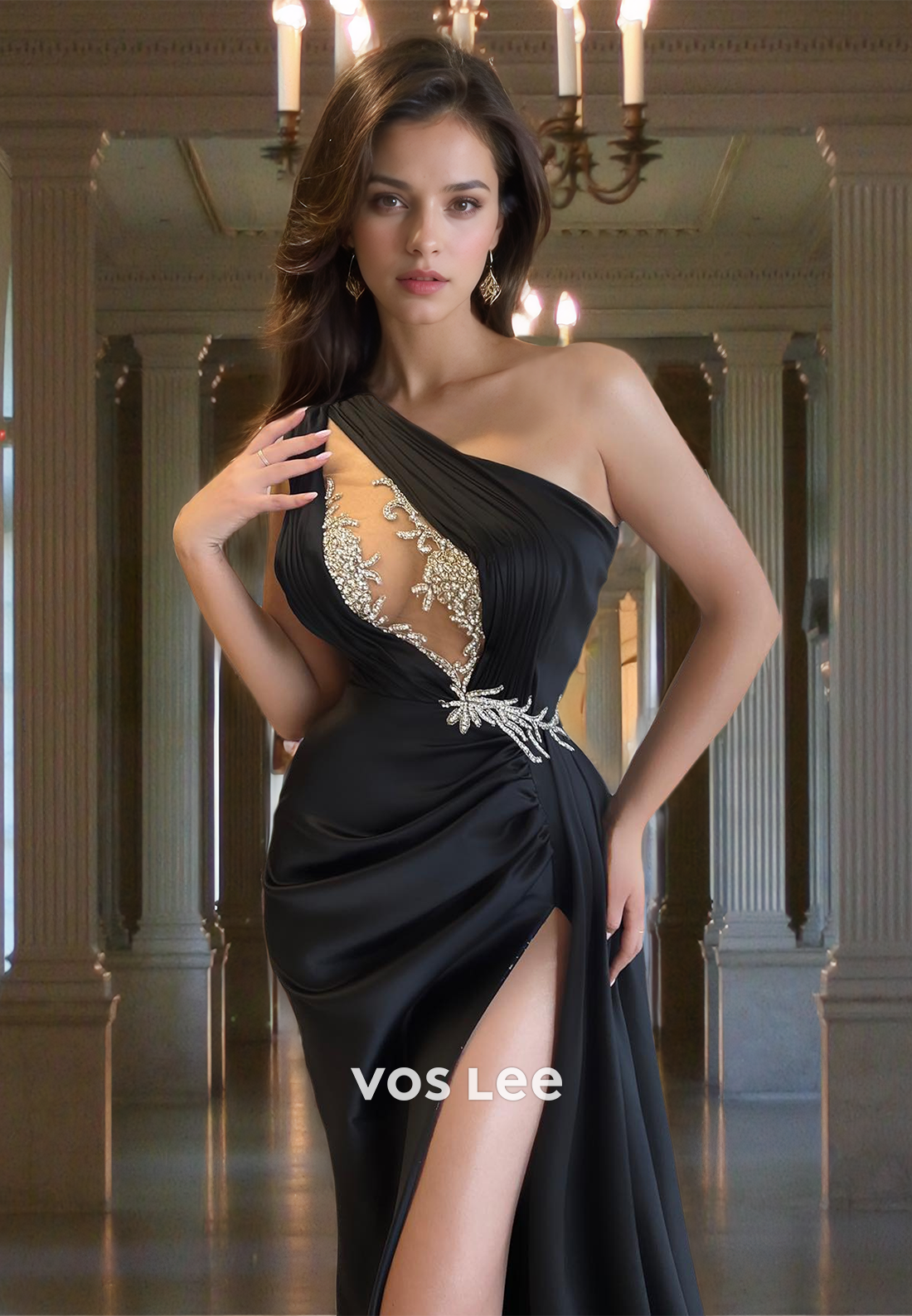 Sexy Column One Shoulder Illusion Beaded Ruched Satin Prom Evening Dress