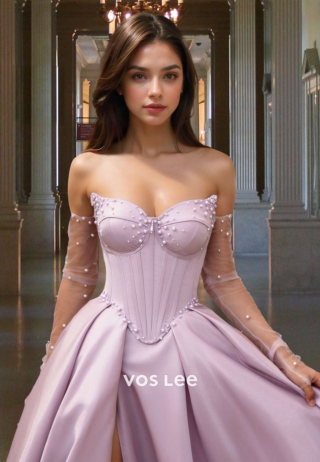 Charming A-Line Sweetheart Long Sleeves Beaded Pleated Prom Birthday Dress