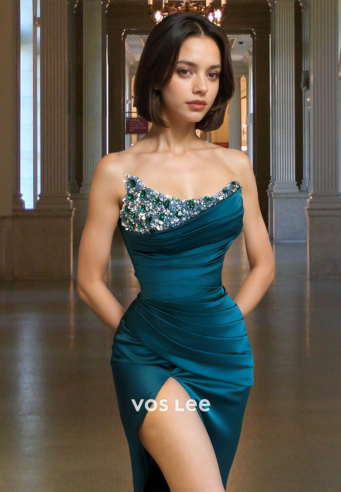 Graceful Column Strapless Sweep Train Beaded High Split Prom Formal Dress