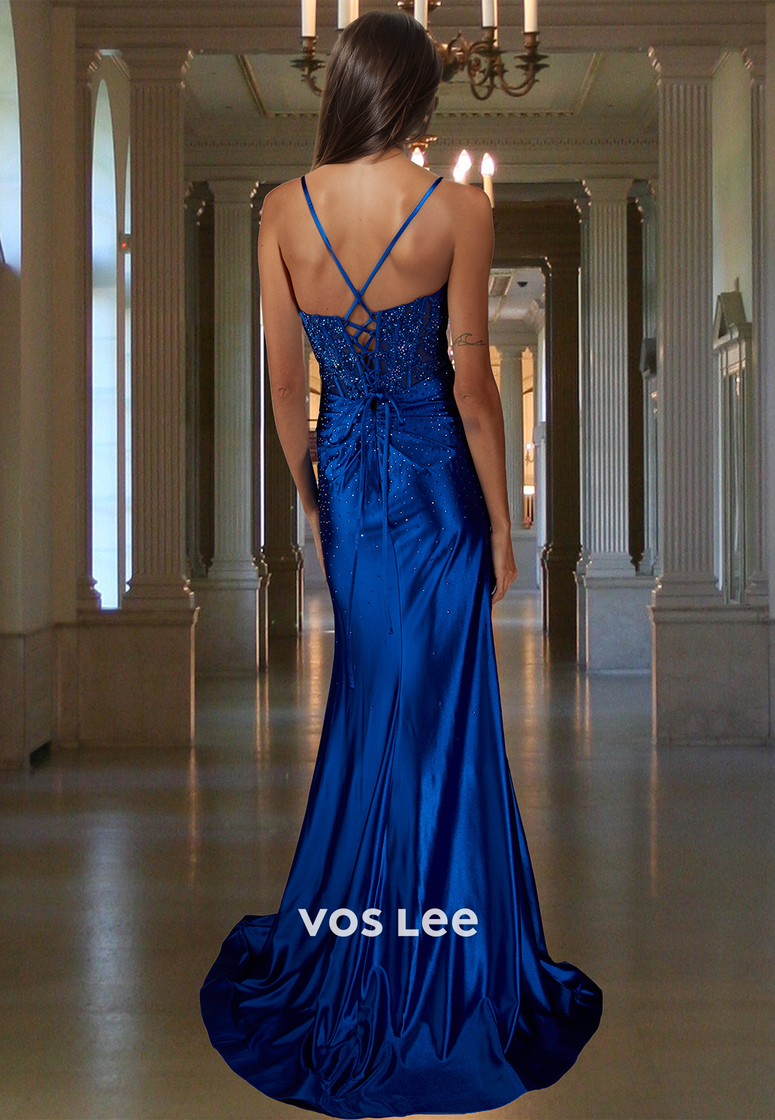 Sparkly Column V Neck Spaghetti Straps Lace Up Royal Blue Sequins Prom Formal Dress