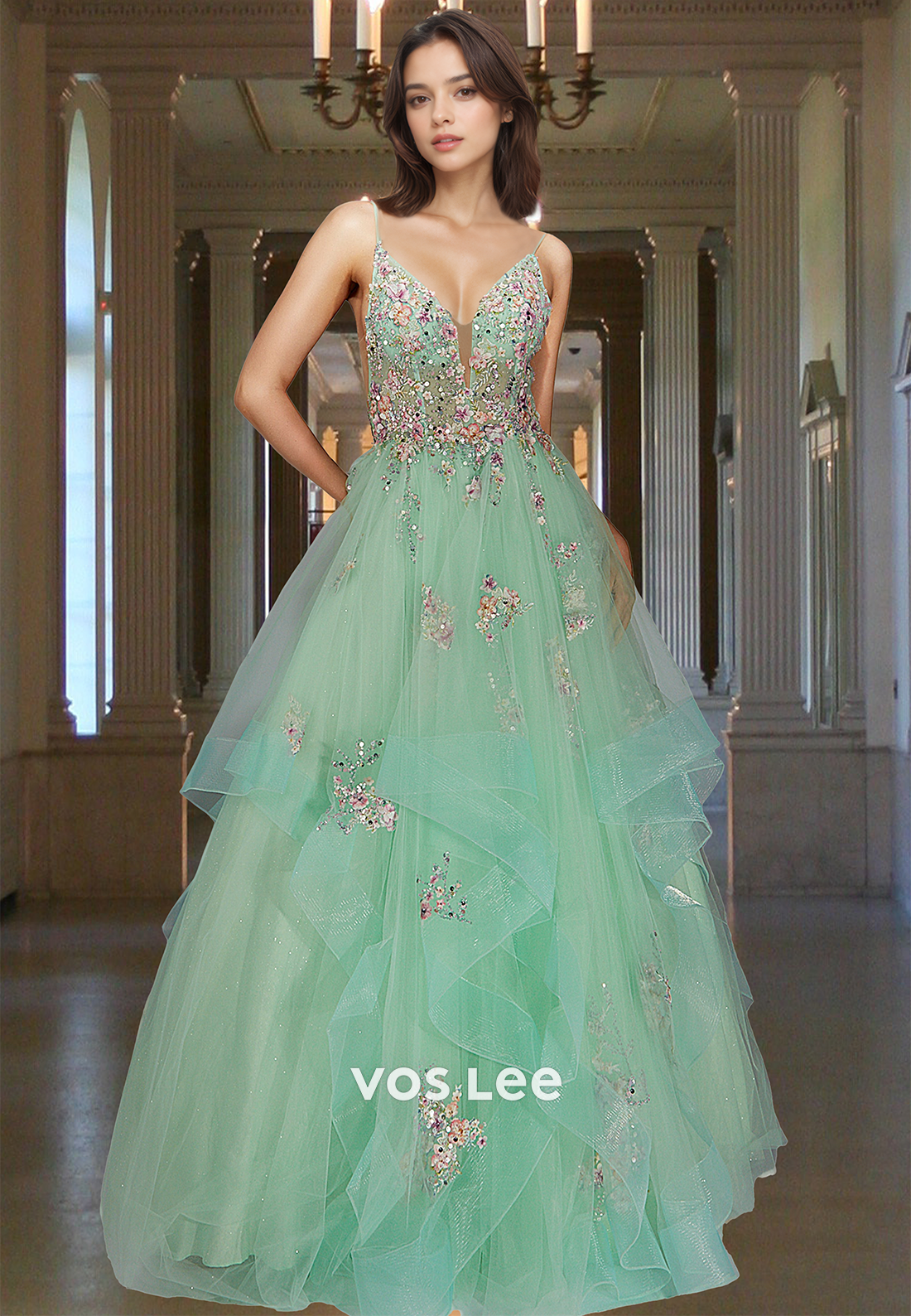 Ornate Plunging V Neck Backless A-Line Lace Appliques Tiered Tulle Prom Birthday Dress