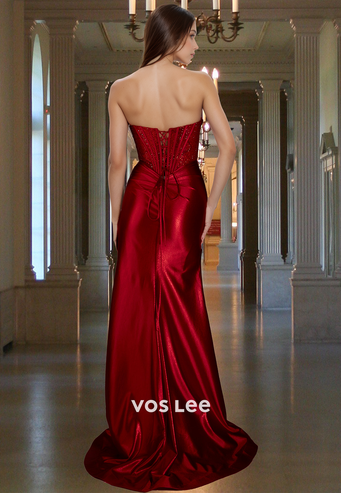 Charming Column Sweetheart Lace Up Sleeveless Sequins Prom Party Dress with Split