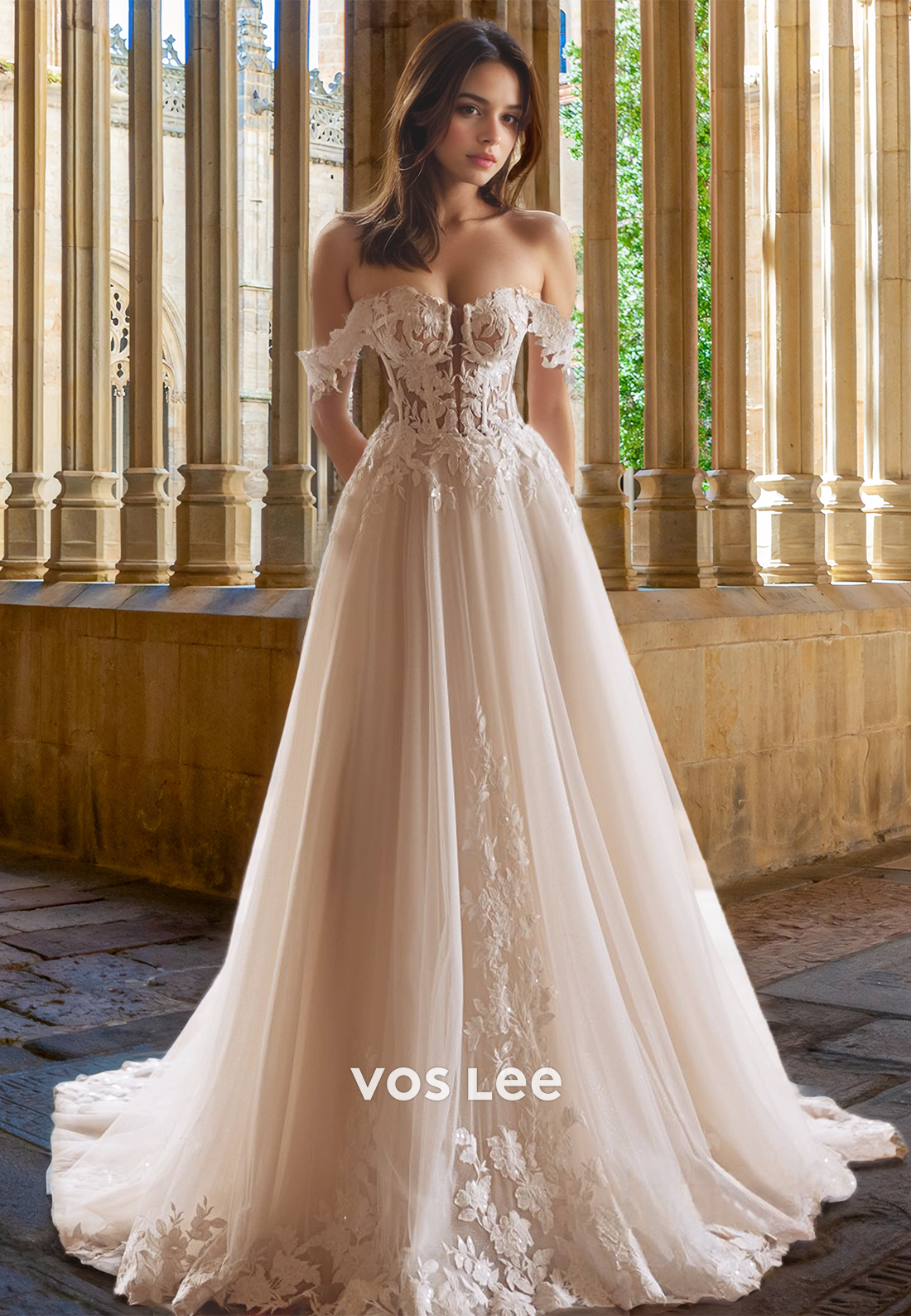 Graceful A-Line Off Shoulder Sleeveless Back Zipper Lace Appliques Tulle Wedding Dress