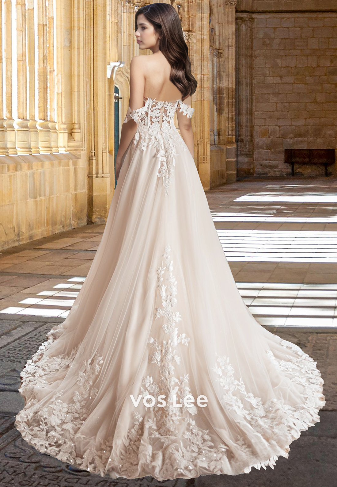 Graceful A-Line Off Shoulder Sleeveless Back Zipper Lace Appliques Tulle Wedding Dress