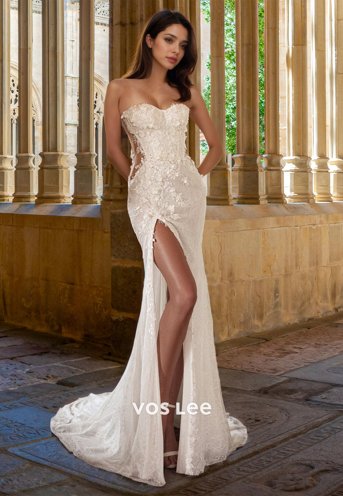 Gorgeous Sheath Sweetheart Side Split Lace Appliques Wedding Dress wit VOS LEE Gorgeous Sheath Sweetheart Side Split Lace Appliques Wedding Dress wit VOS LEE