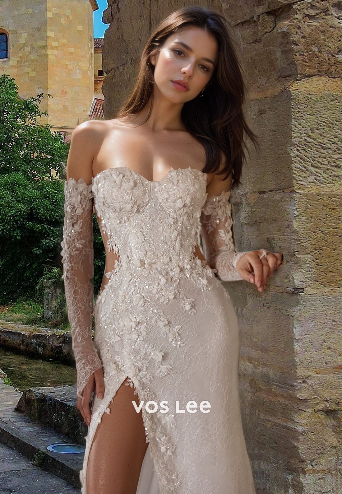 Gorgeous Sheath Sweetheart Side Split Lace Appliques Wedding Dress with Split