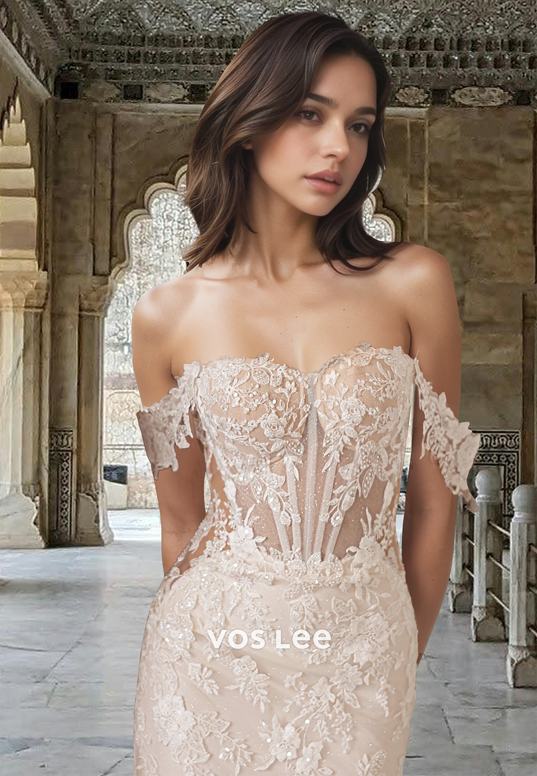 Luxury Trumpet Off Shoulder Lace Appliques Sequins Tulle Wedding Gown