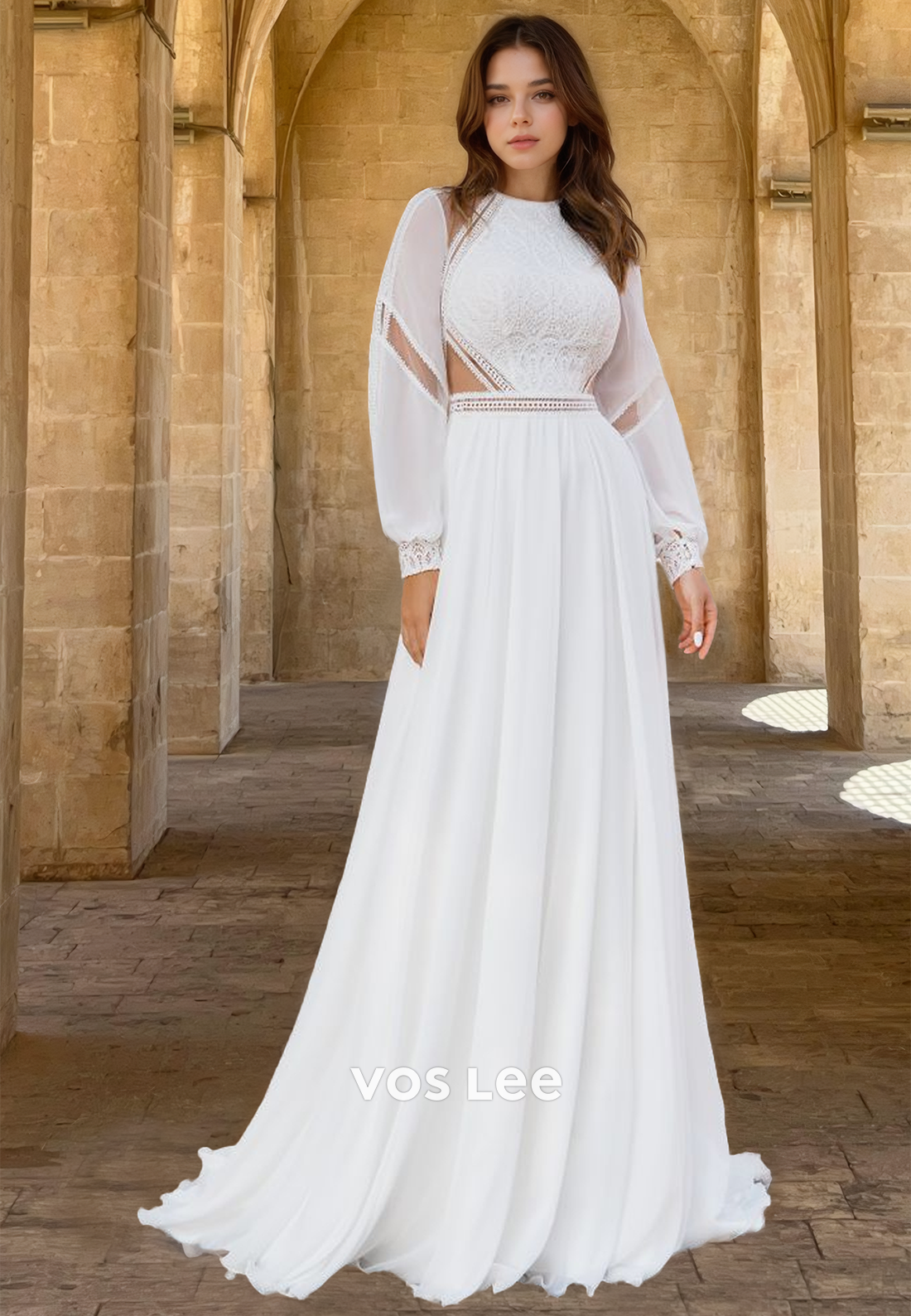 Unique A-Line Scoop Neck Long Sleeves Backless Pleated Satin Wedding G VOS LEE Unique A-Line Scoop Neck Long Sleeves Backless Pleated Satin Wedding G VOS LEE