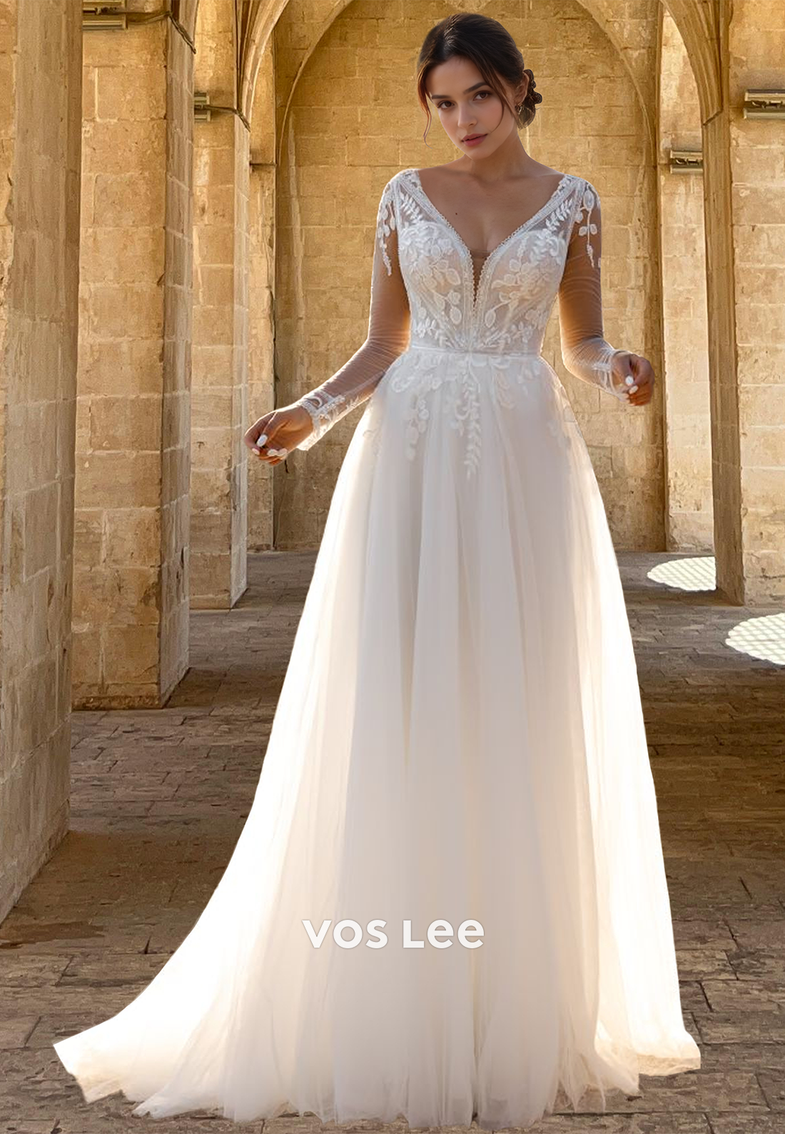 Elegant A-Line V Neck Long Sleeves Back Zipper Court Train Lace Weddin VOS LEE Elegant A-Line V Neck Long Sleeves Back Zipper Court Train Lace Weddin VOS LEE