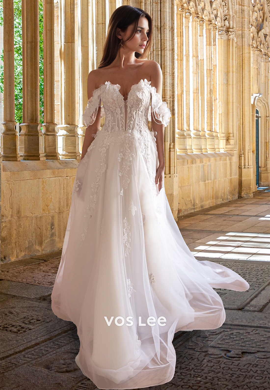 Unqiue A-Line Off Shoulder Lace Appliques Beaded 3D Floral Tulle Weddi VOS LEE Unqiue A-Line Off Shoulder Lace Appliques Beaded 3D Floral Tulle Weddi VOS LEE