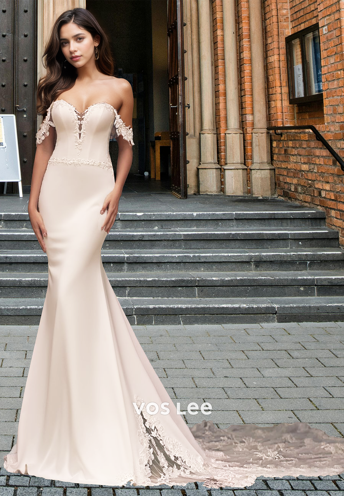 Elegant Mermaid Off Shoulder Court Train Lace Appliques Satin Wedding VOS LEE Elegant Mermaid Off Shoulder Court Train Lace Appliques Satin Wedding VOS LEE