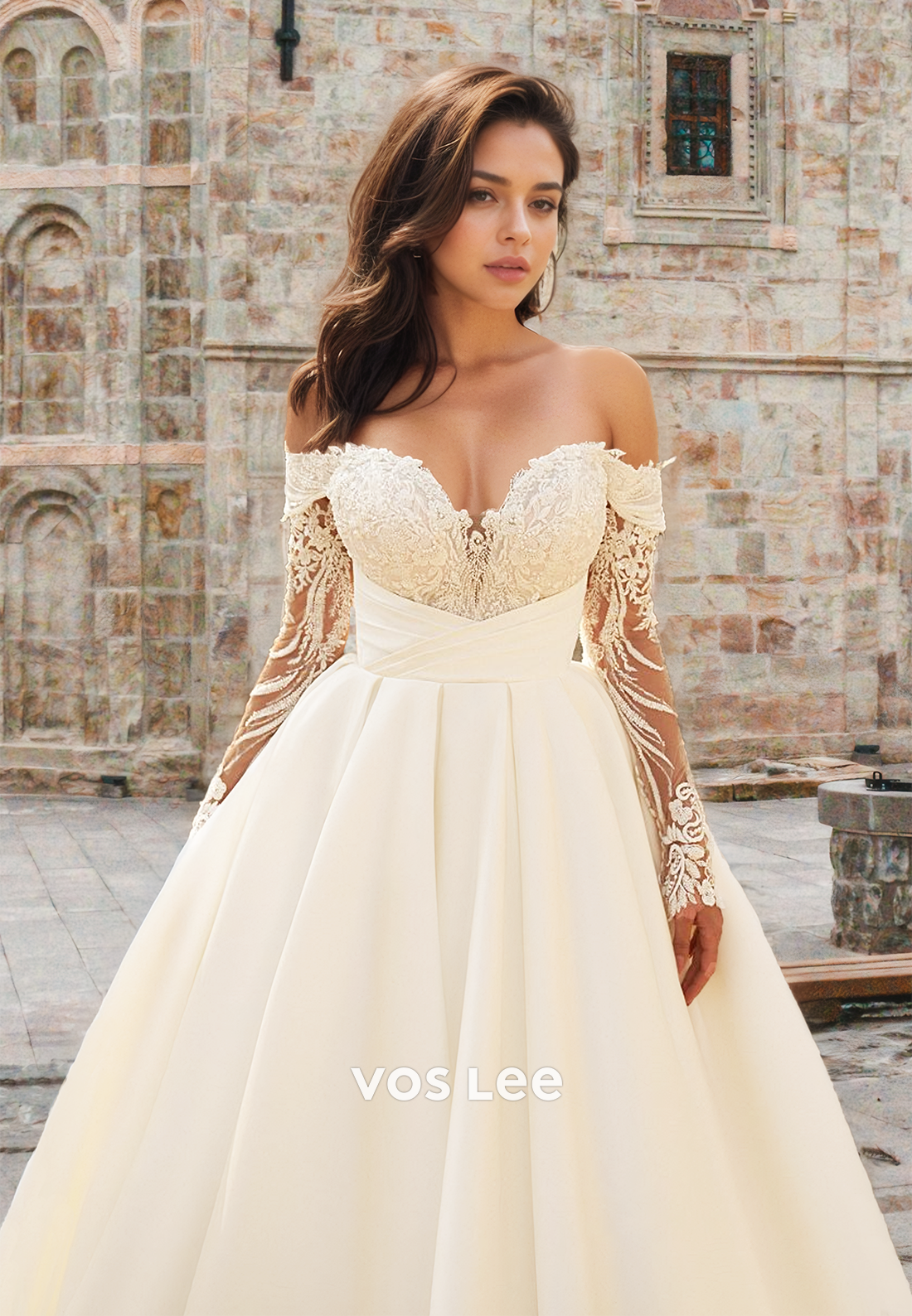 Elegant A-Line Off Shoulder Back Zipper Long Sleeves Pleated Satin Wedding Dress