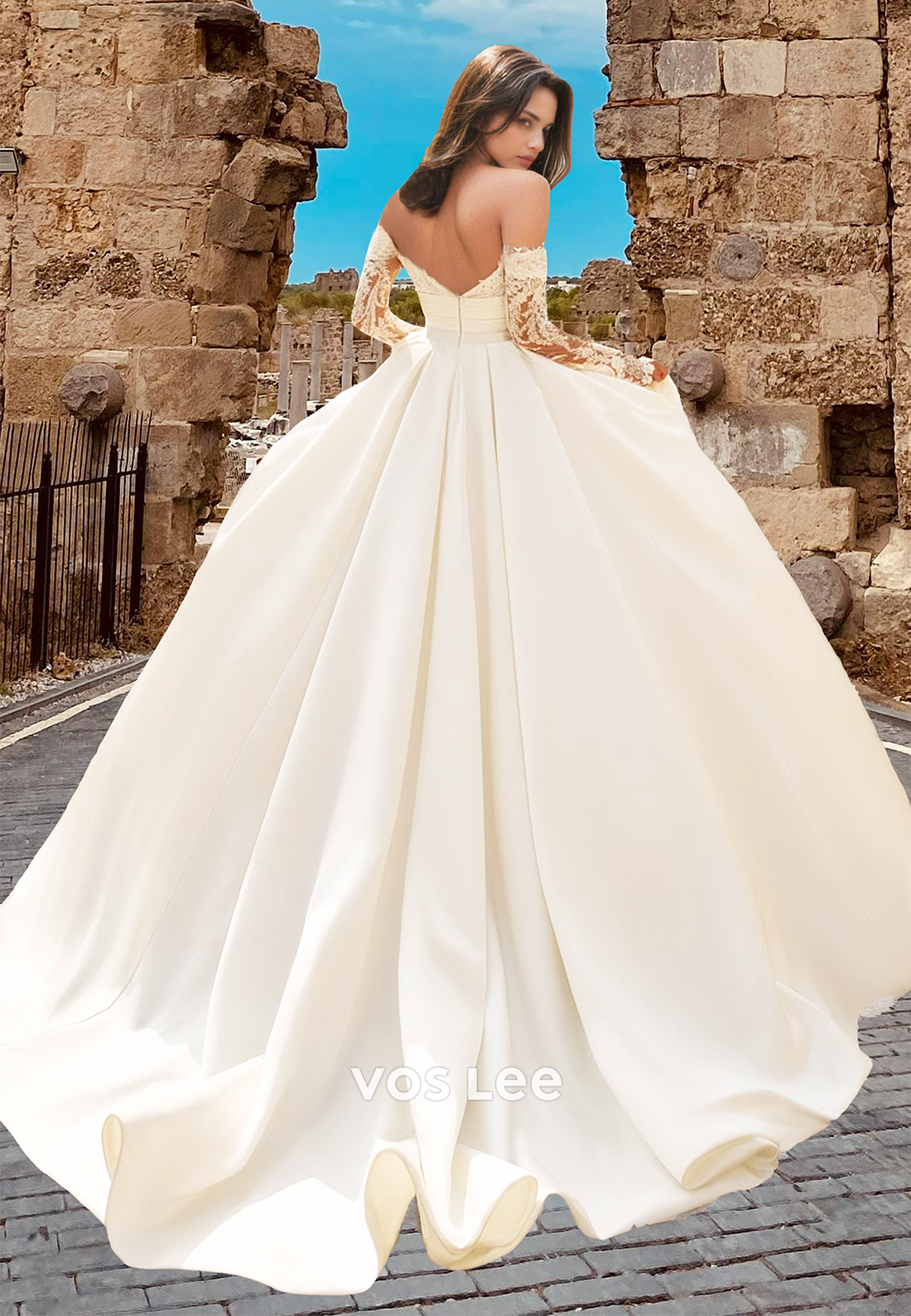 Elegant A-Line Off Shoulder Back Zipper Long Sleeves Pleated Satin Wedding Dress