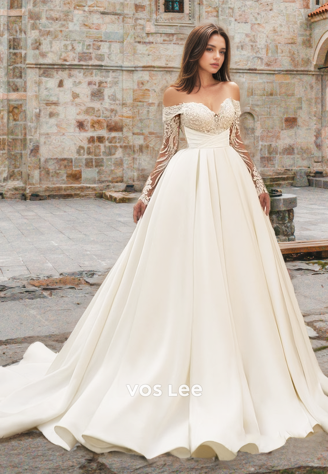 Elegant A-Line Off Shoulder Back Zipper Long Sleeves Pleated Satin Wedding Dress