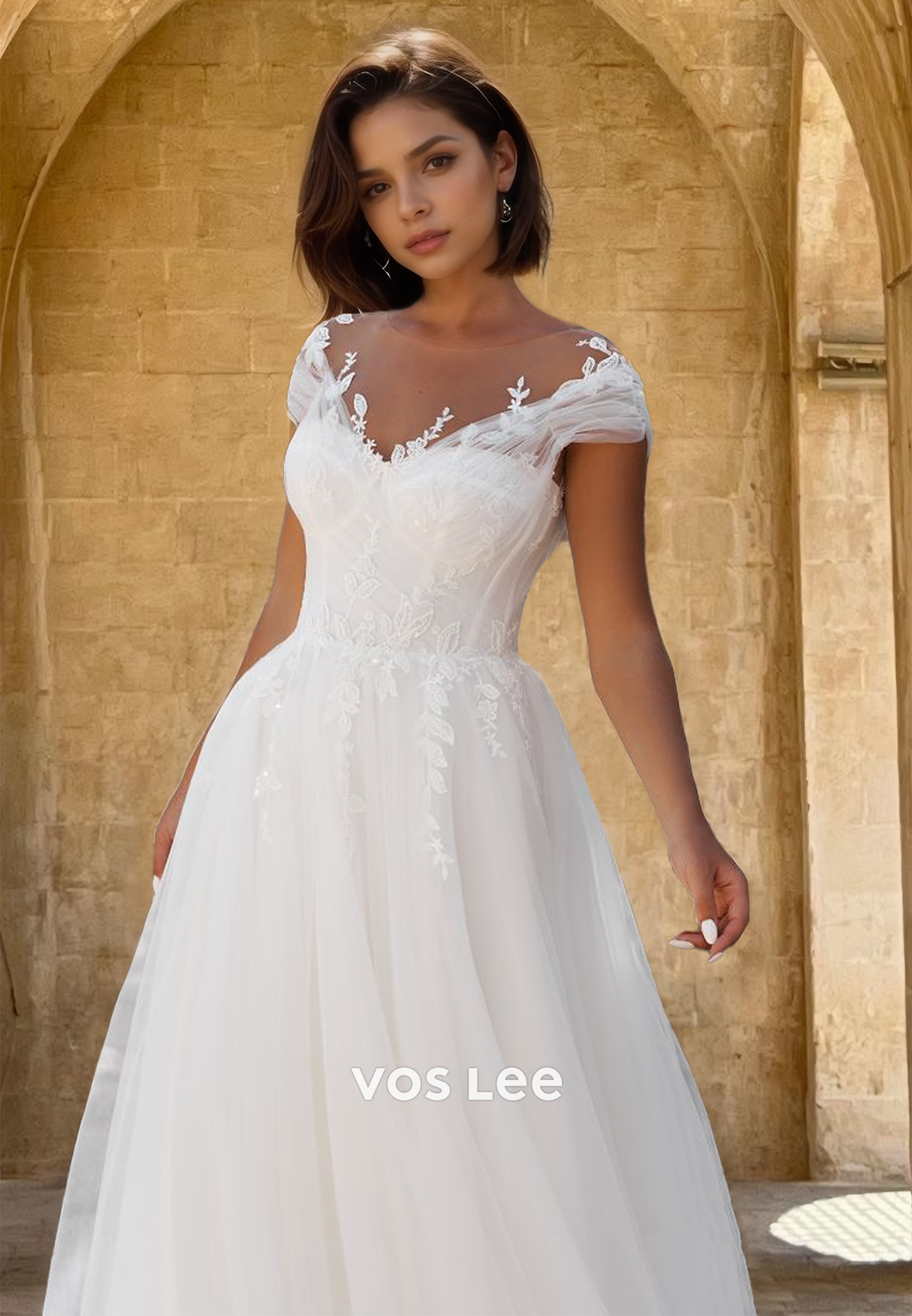 Ornate A-Line V Neck Cap Sleeves Court Train Tulle Wedding Bride Dress