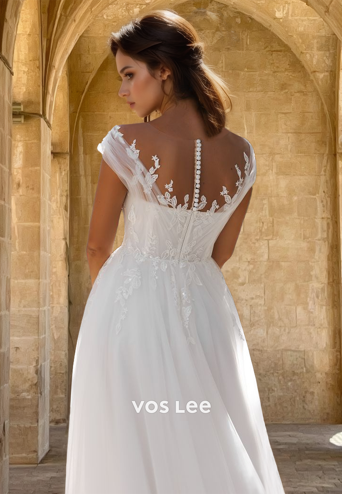 Ornate A-Line V Neck Cap Sleeves Court Train Tulle Wedding Bride Dress
