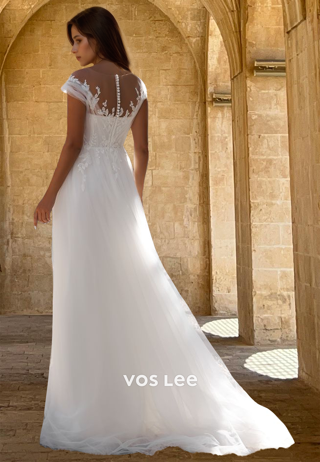 Ornate A-Line V Neck Cap Sleeves Court Train Tulle Wedding Bride Dress