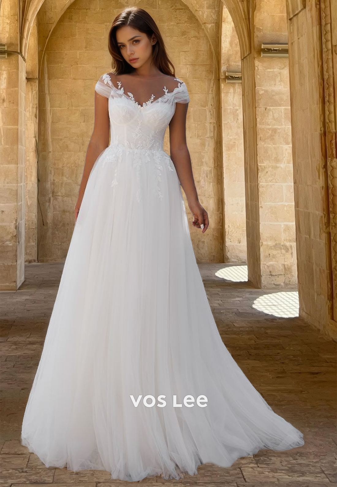 Ornate A-Line V Neck Cap Sleeves Court Train Tulle Wedding Bride Dress VOS LEE Ornate A-Line V Neck Cap Sleeves Court Train Tulle Wedding Bride Dress VOS LEE