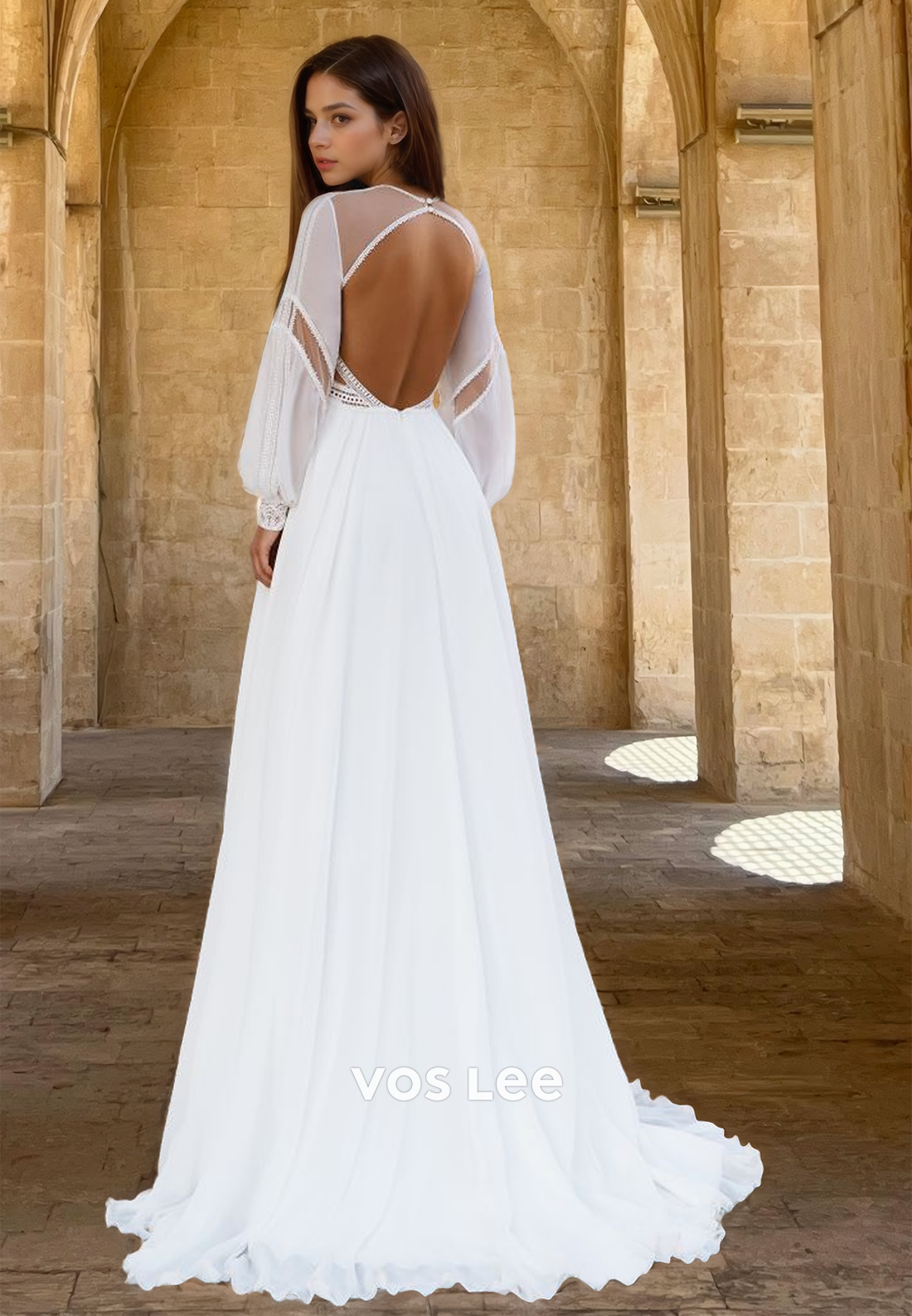 Unique A-Line Scoop Neck Long Sleeves Backless Pleated Satin Wedding Gown