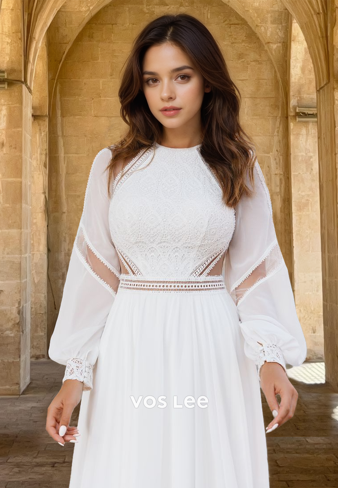 Unique A-Line Scoop Neck Long Sleeves Backless Pleated Satin Wedding Gown