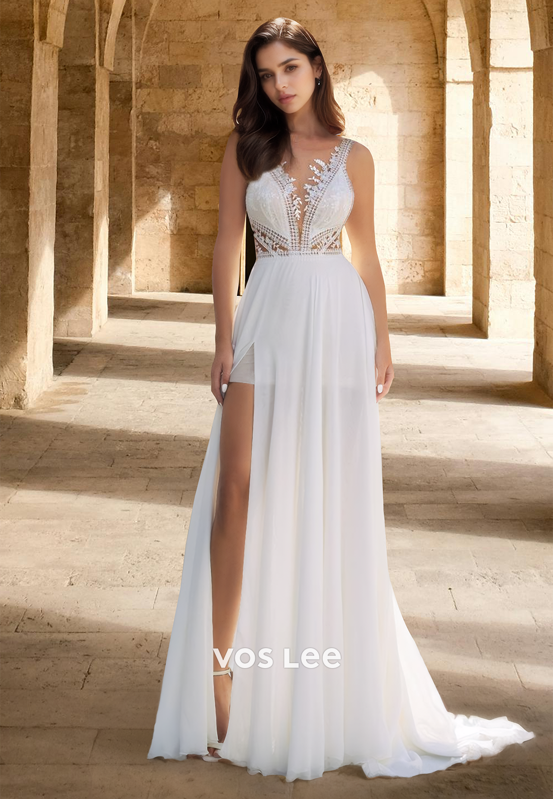 Classy A-Line V Neck Spaghetti Straps Side Split Lace Pleated Wedding VOS LEE Classy A-Line V Neck Spaghetti Straps Side Split Lace Pleated Wedding VOS LEE