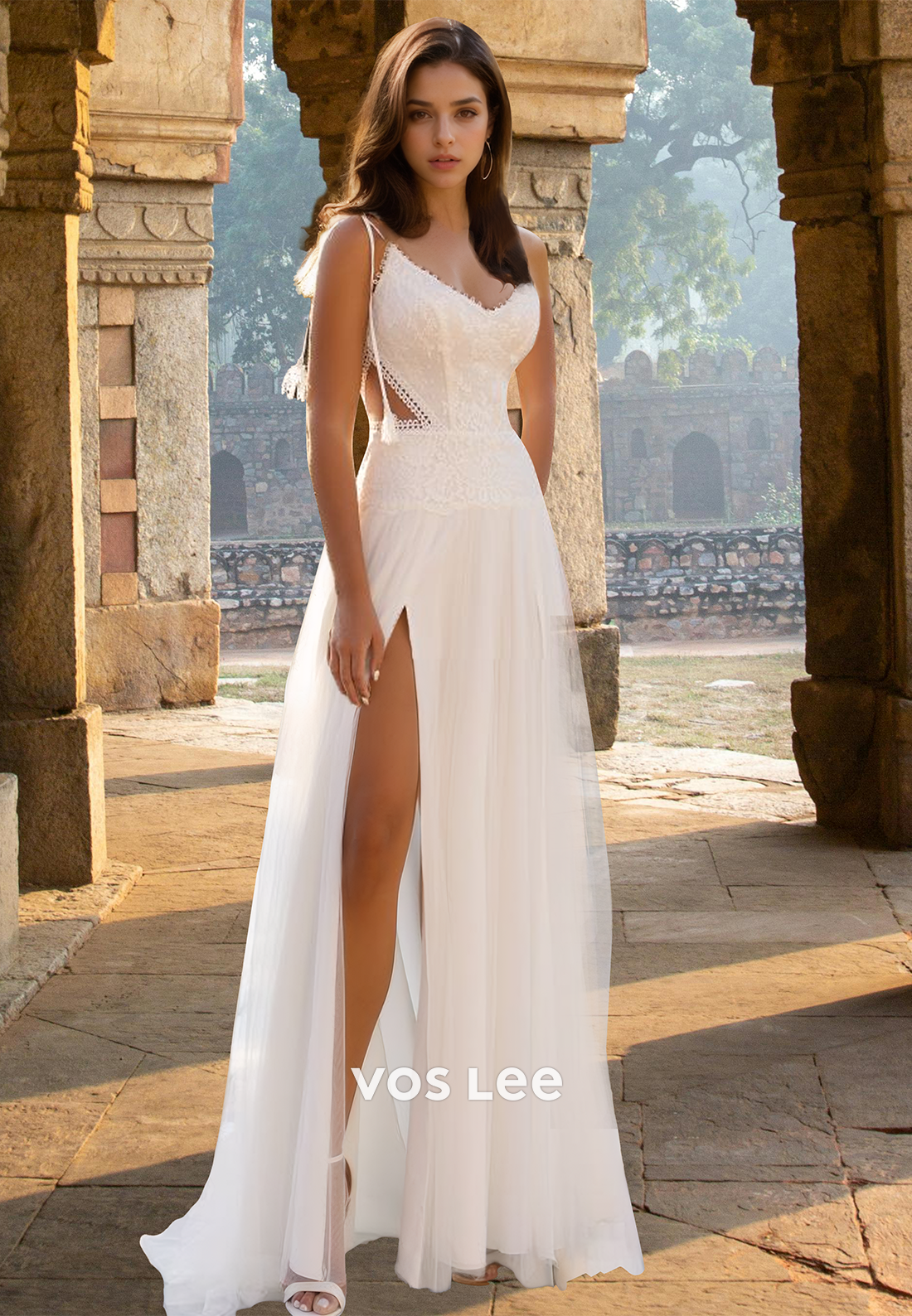 Simple A-Line V Neck Back Zipper Sweep Train Lace Wedding Dress with S VOS LEE Simple A-Line V Neck Back Zipper Sweep Train Lace Wedding Dress with S VOS LEE