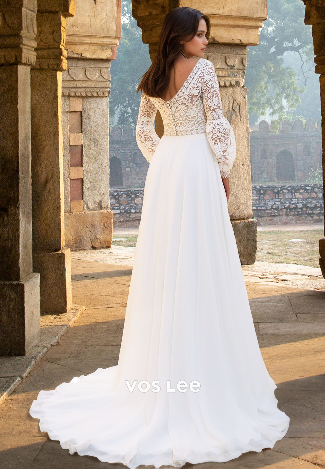 Graceful A-Line V Neck Long Sleeves Court Train Lace Appliques Wedding Gown