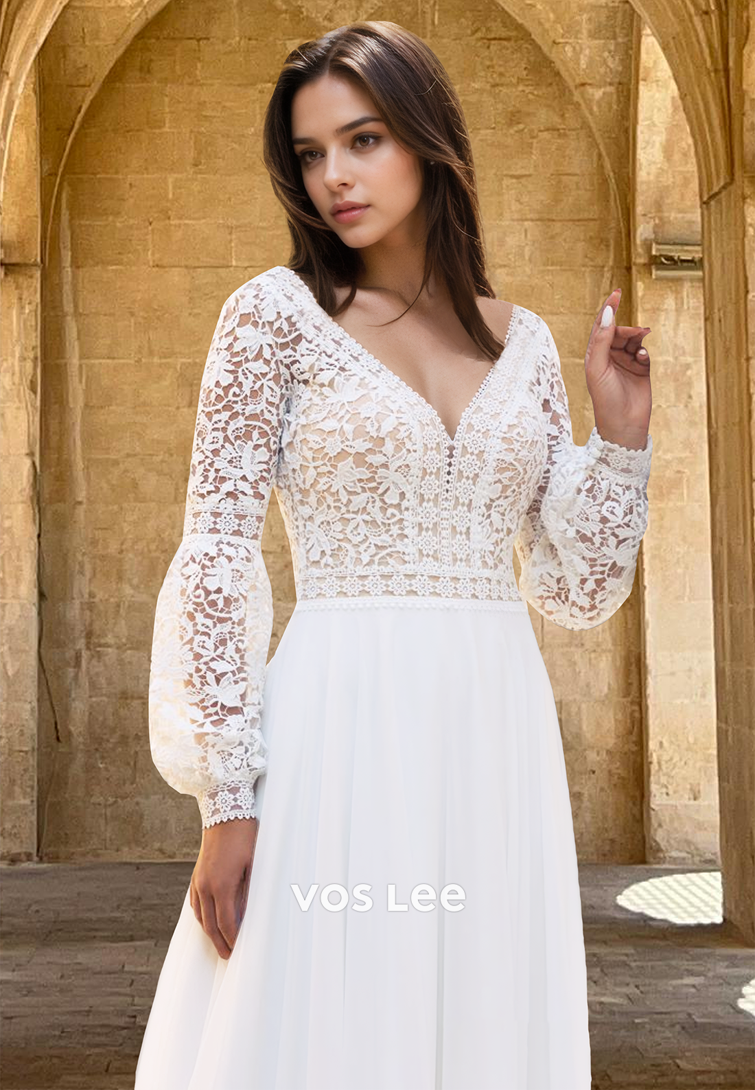 Graceful A-Line V Neck Long Sleeves Court Train Lace Appliques Wedding Gown