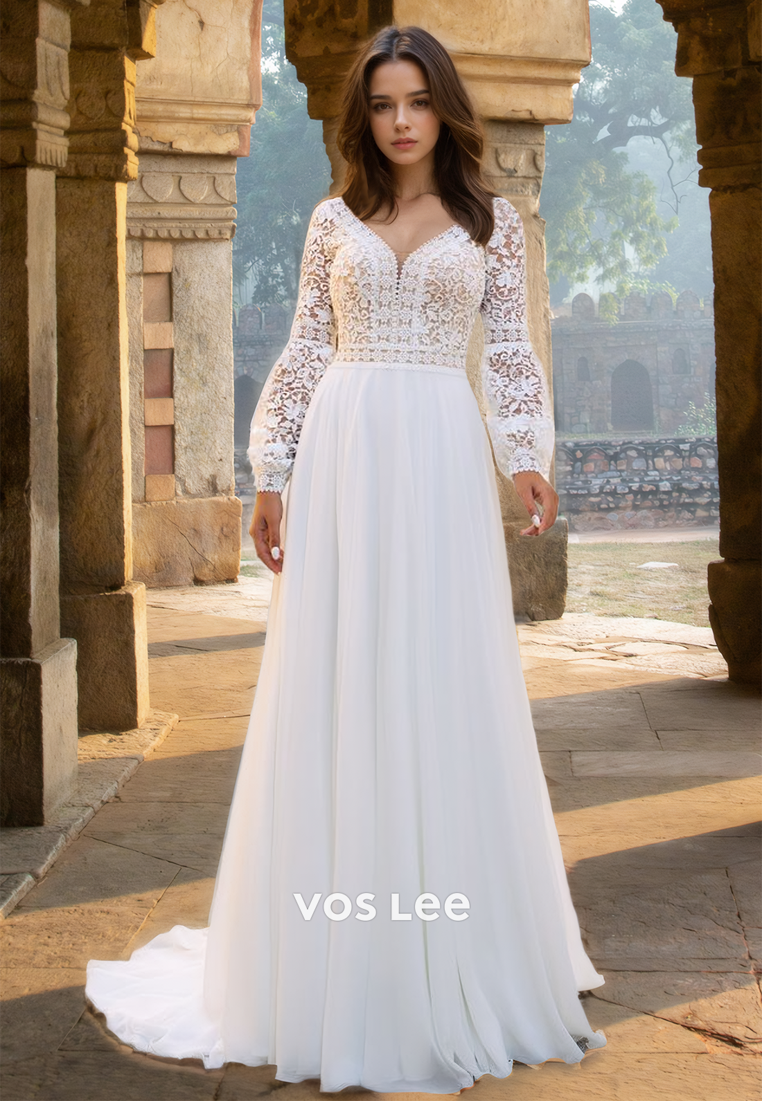 Graceful A-Line V Neck Long Sleeves Court Train Lace Appliques Wedding Gown