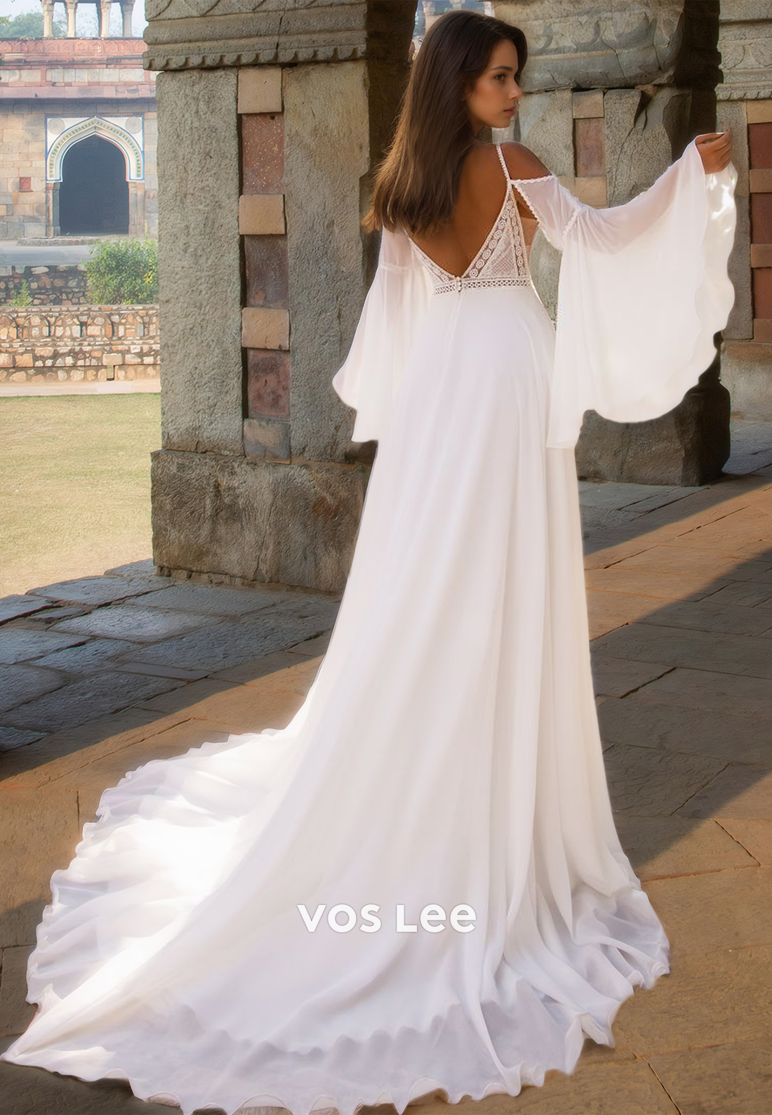 Unique A-Line Deep V Neck Backless Long Sleeves Pleated Satin Wedding Dress